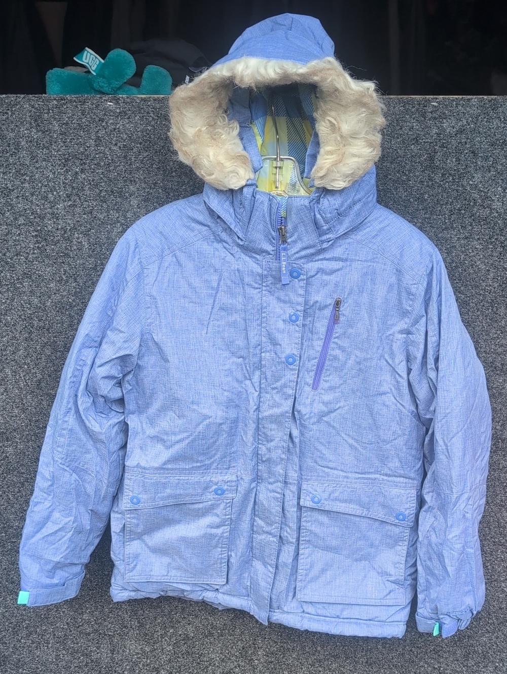 L.L. Bean Light Blue Girls' Hooded Puffer Jacket with Faux Fur Trim